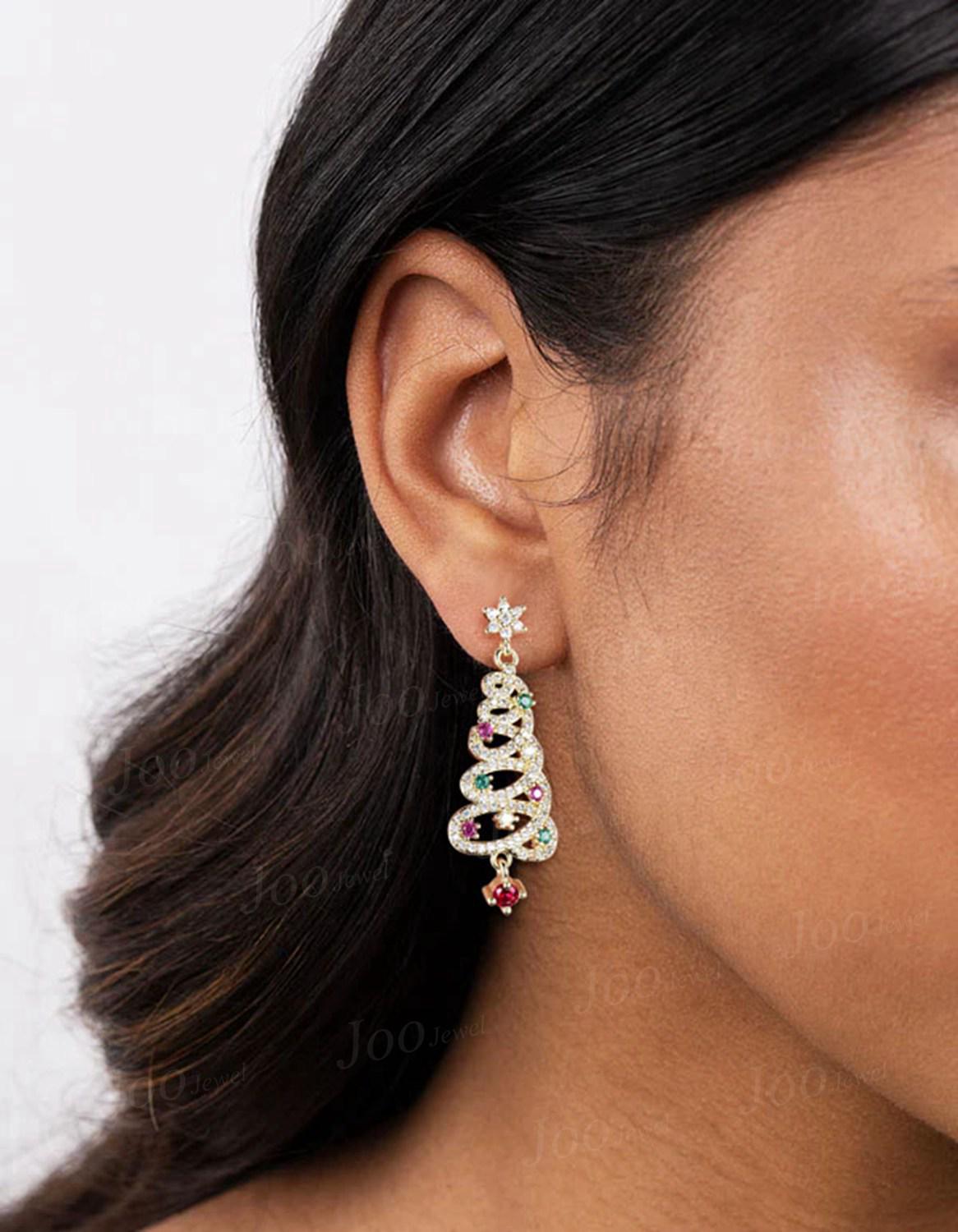 1 Pair Christmas Tree Earrings 10K/14K/18K Solid Gold Ruby Emerald Earrings Unique Luxury Holiday Earrings Christmas Jewelry Gift for Family