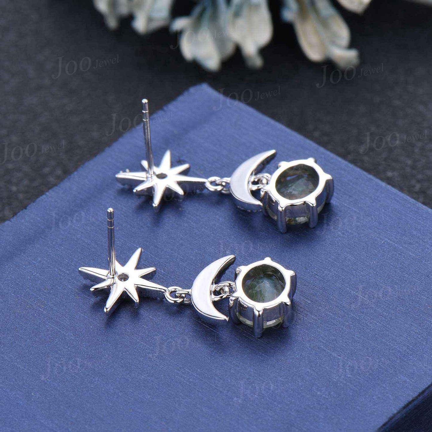 Kite Cut Moss Agate Starburst Dangle Earrings Vintage Sterling Silver Natural Gemstone Earrings Sun Moon Drop Earrings Women Hypoallergenic