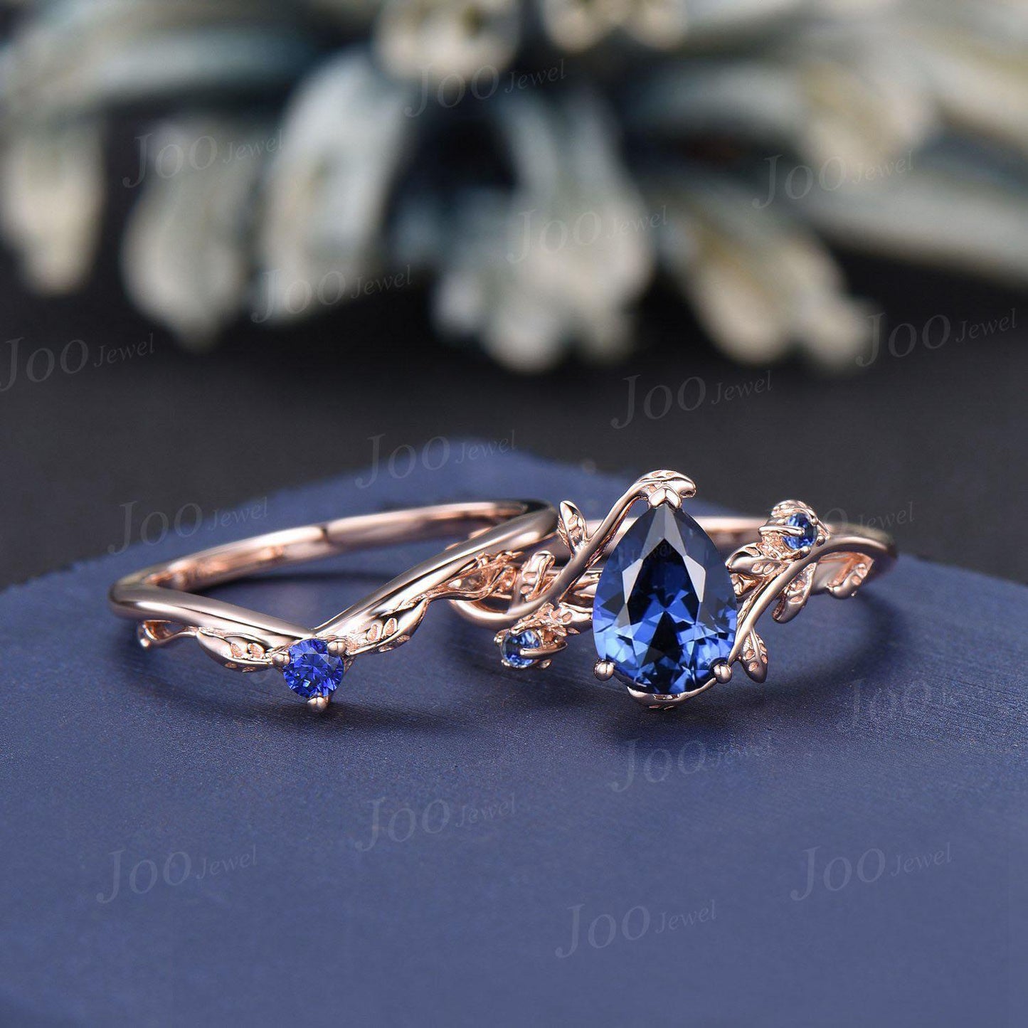 1.25ct Nature Inspired Pear Cut Blue Sapphire Bridal Set 14K Rose Gold Twig Vine Wedding Ring Unique September Birthstone Birthday Gifts