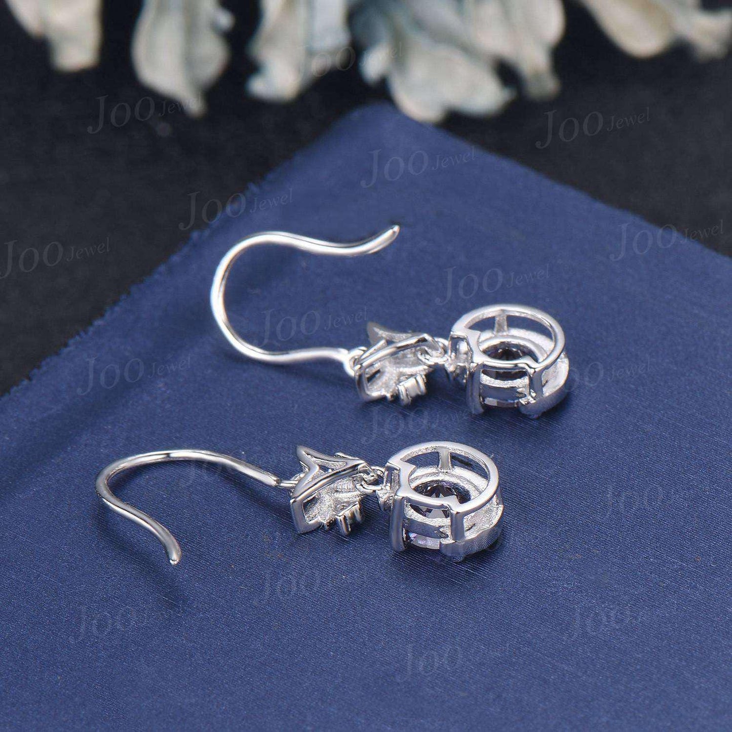 5mm Round Star Sapphire Dangle Earrings Silver Crescent Moon Blue Star Sapphire Drop Earrings Gemstone Hook Earrings Unique Birthstone Gifts