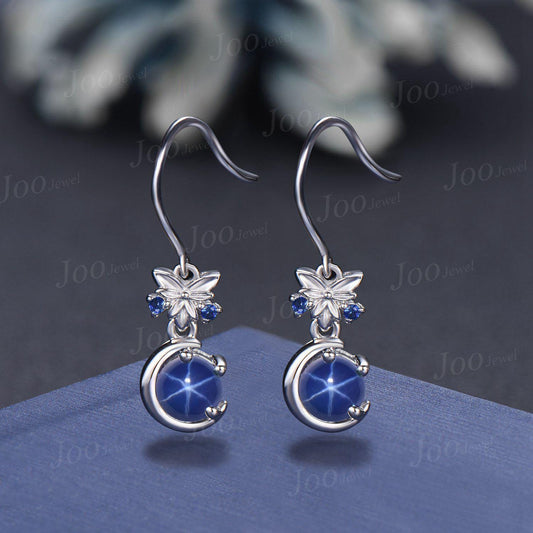 5mm Round Star Sapphire Dangle Earrings Silver Crescent Moon Blue Star Sapphire Drop Earrings Gemstone Hook Earrings Unique Birthstone Gifts