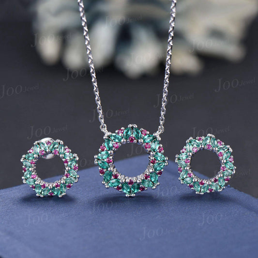 Emerald Ruby Wreath Necklace Earrings Set for Women Luxury Gemstone Chain Necklace Sterling Silver No Fading Christmas Jewelry Gift For Her