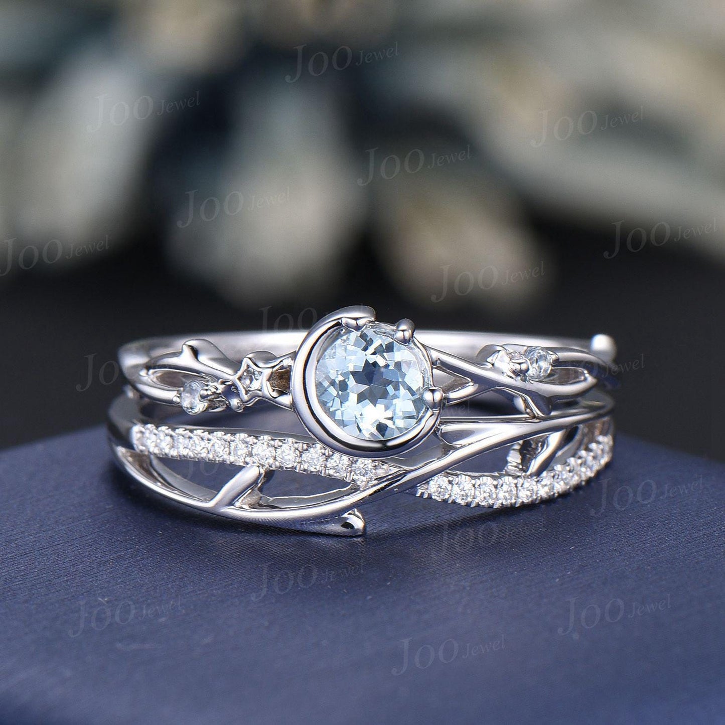 Round Cut Natural Ocean Blue Aquamarine Twig Vine Bridal Set Vintage Sterling Silver Crescent Moon Aquamarine Engagement Ring Birthday Gifts