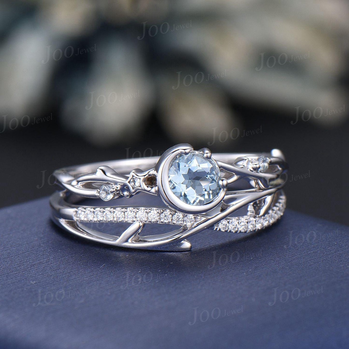 Round Cut Natural Ocean Blue Aquamarine Twig Vine Bridal Set Vintage Sterling Silver Crescent Moon Aquamarine Engagement Ring Birthday Gifts