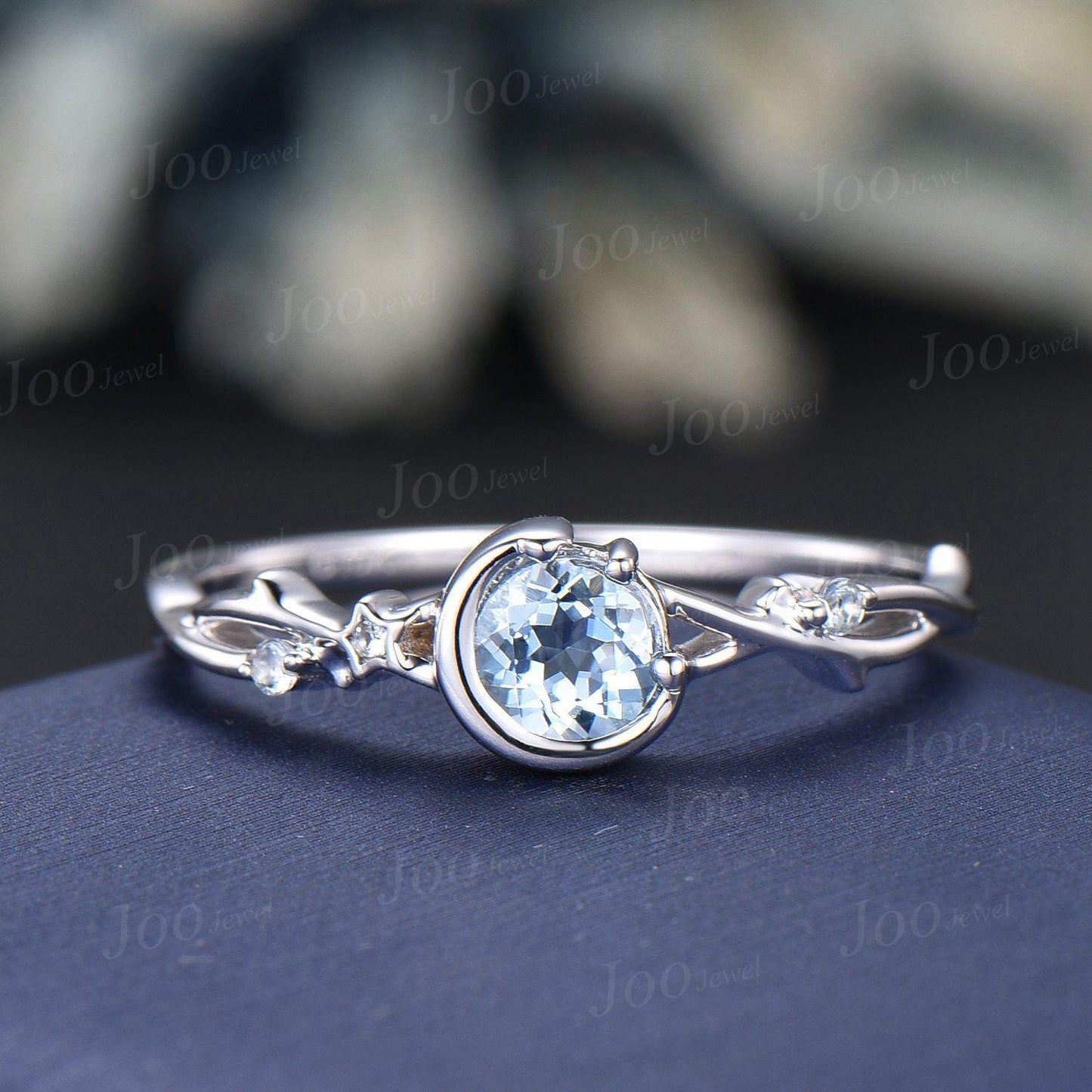 Round Cut Natural Ocean Blue Aquamarine Twig Vine Bridal Set Vintage Sterling Silver Crescent Moon Aquamarine Engagement Ring Birthday Gifts