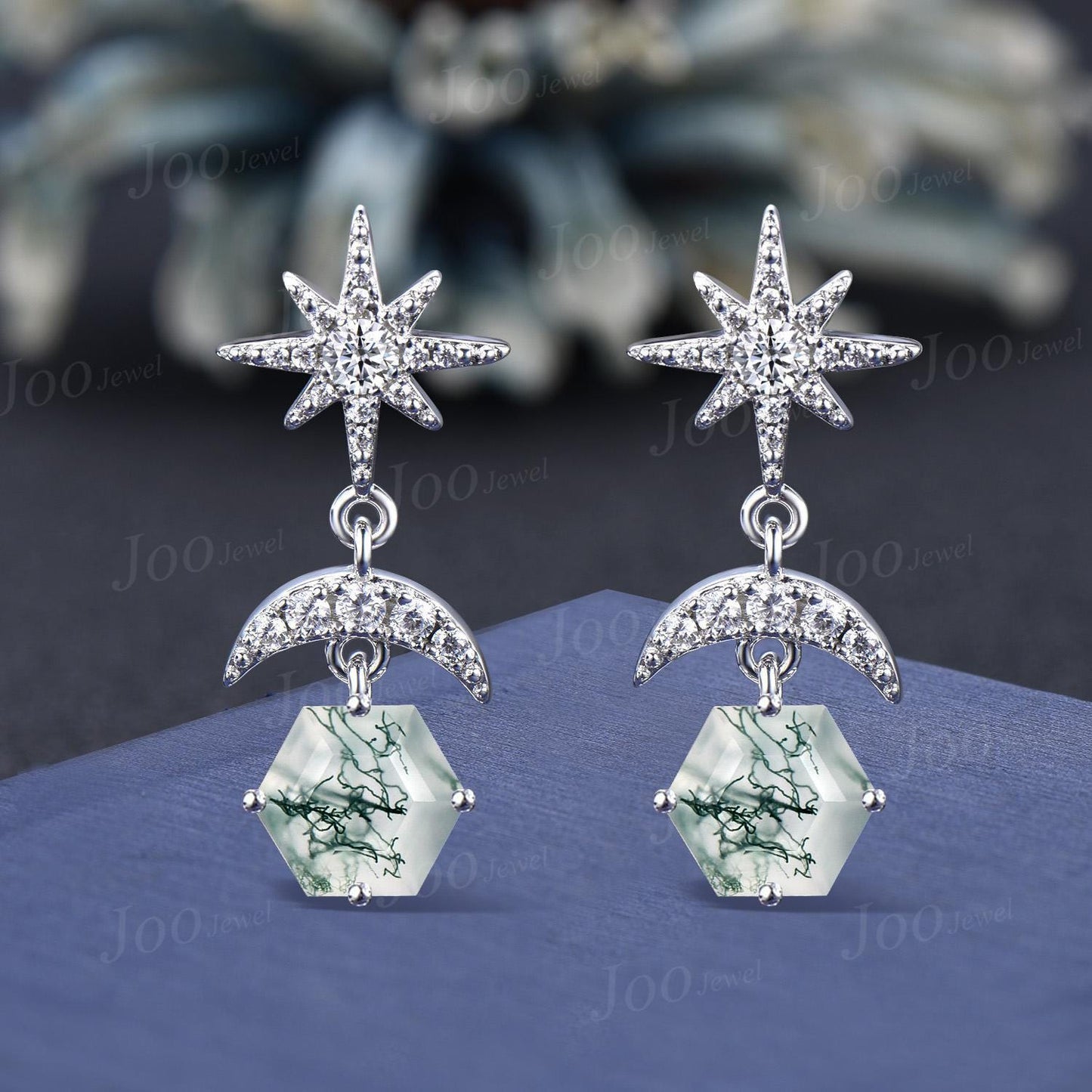 Kite Cut Moss Agate Starburst Dangle Earrings Vintage Sterling Silver Natural Gemstone Earrings Sun Moon Drop Earrings Women Hypoallergenic