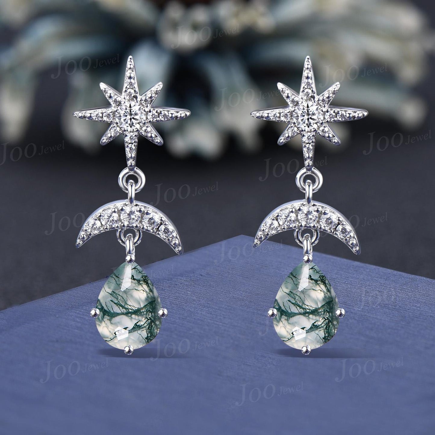 Kite Cut Moss Agate Starburst Dangle Earrings Vintage Sterling Silver Natural Gemstone Earrings Sun Moon Drop Earrings Women Hypoallergenic