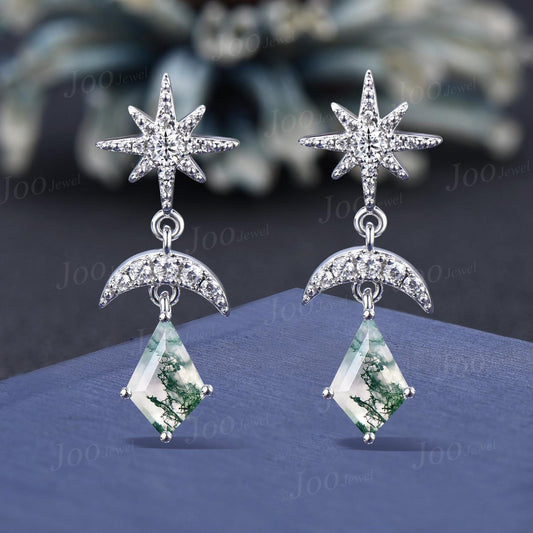 Kite Cut Moss Agate Starburst Dangle Earrings Vintage Sterling Silver Natural Gemstone Earrings Sun Moon Drop Earrings Women Hypoallergenic