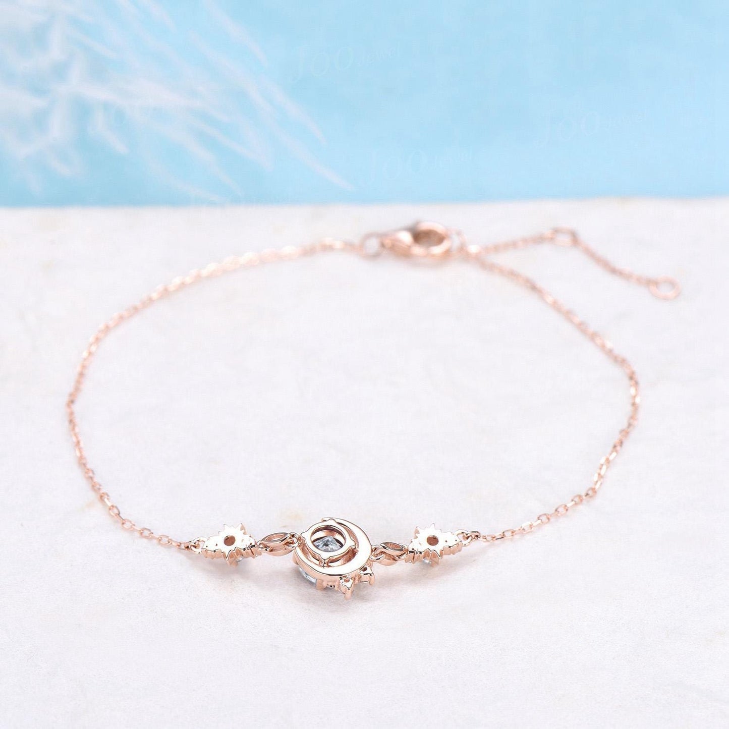Sterling Silver Crescent Moon Bracelet 5mm Round Cut Moissanite Charm Bracelets Starburst Sun Adjustable Chain Bracelet for Women 7.5 inches