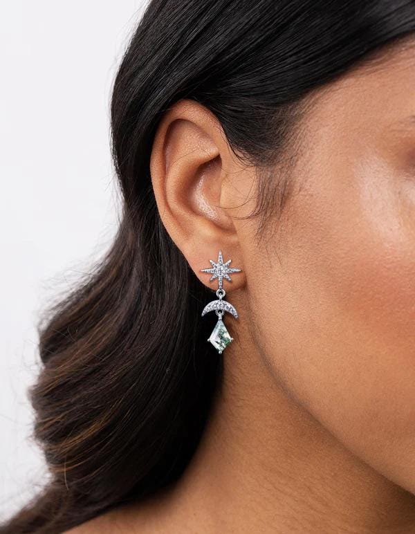 Kite Cut Moss Agate Starburst Dangle Earrings Vintage Sterling Silver Natural Gemstone Earrings Sun Moon Drop Earrings Women Hypoallergenic