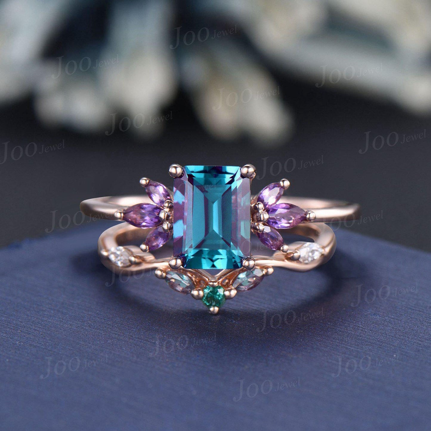 2ct Emerald Cut Color-Changing Alexandrite Amethyst Ring Set No Fading June Birthstone Engagement Ring Unique Cluster Wedding Proposal Ring