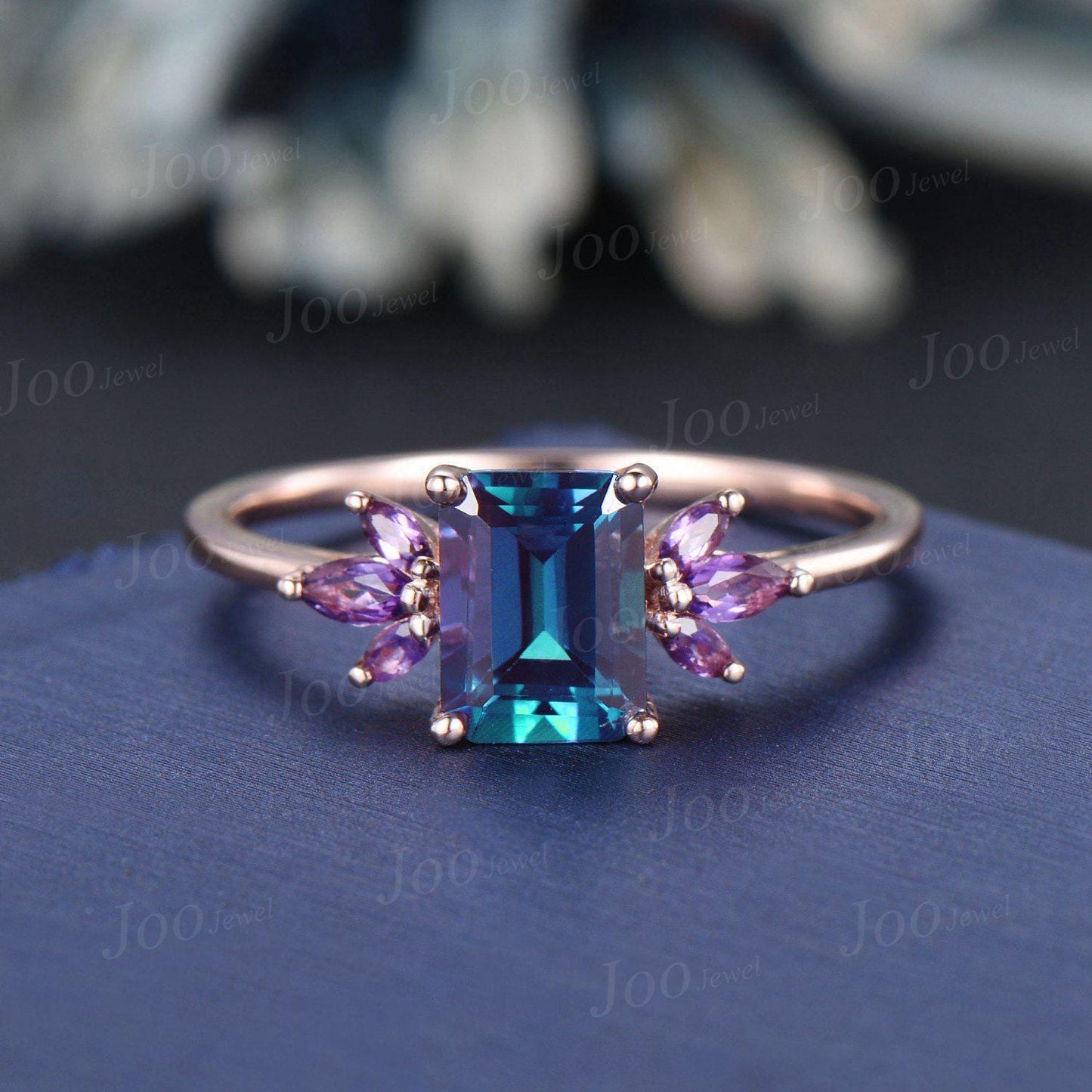2ct Emerald Cut Color-Changing Alexandrite Amethyst Ring Set No Fading June Birthstone Engagement Ring Unique Cluster Wedding Proposal Ring