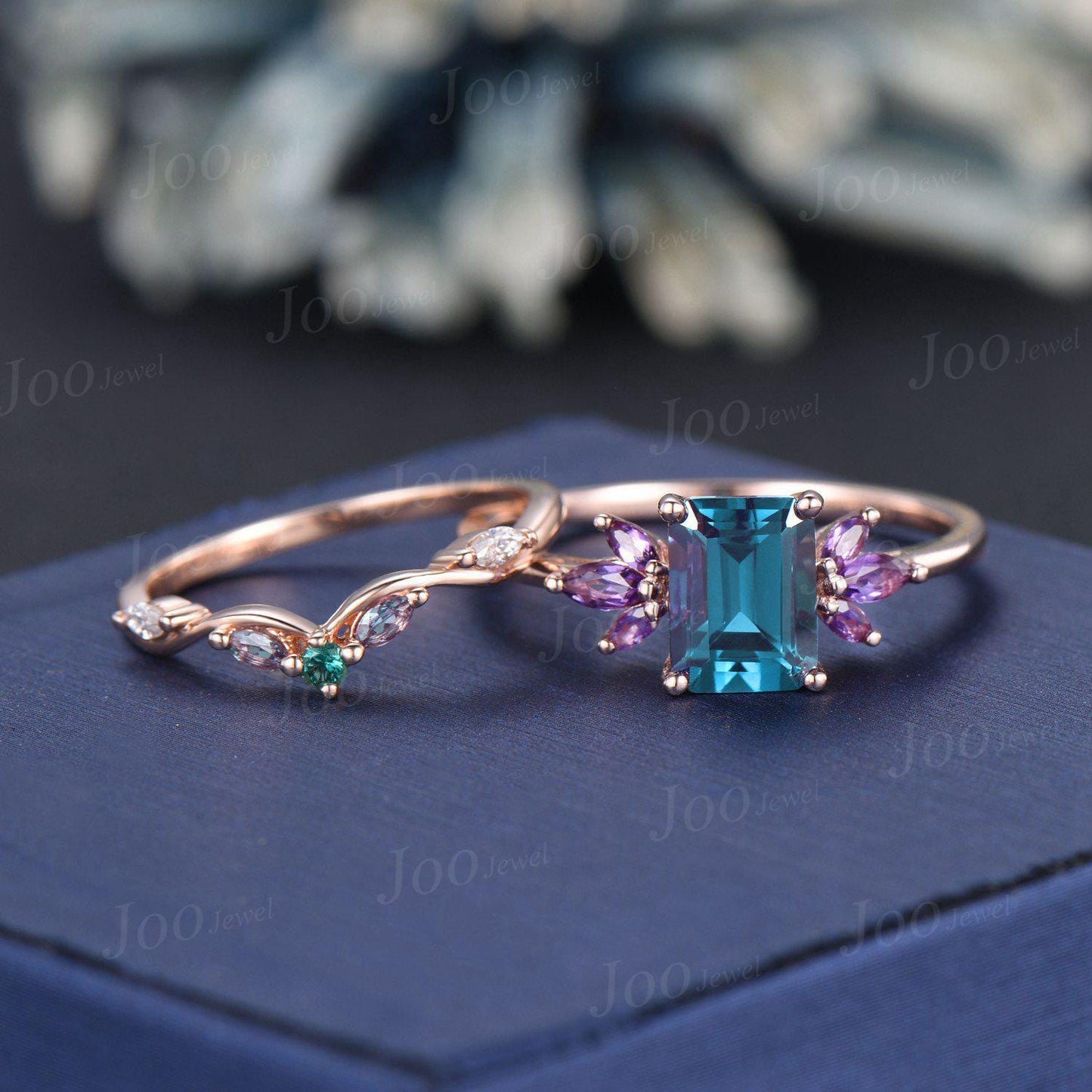 2ct Emerald Cut Color-Changing Alexandrite Amethyst Ring Set No Fading June Birthstone Engagement Ring Unique Cluster Wedding Proposal Ring