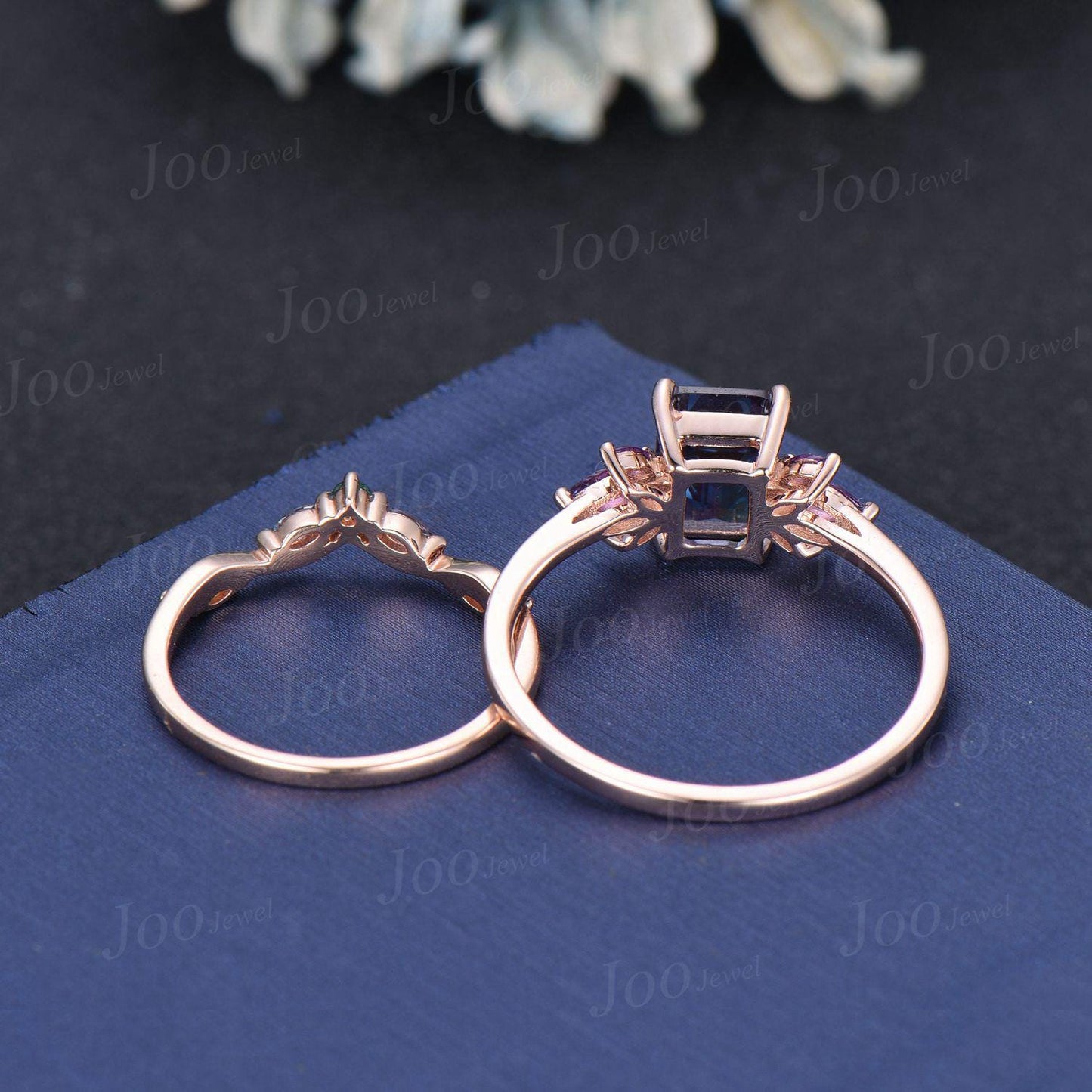 2ct Emerald Cut Color-Changing Alexandrite Amethyst Ring Set No Fading June Birthstone Engagement Ring Unique Cluster Wedding Proposal Ring