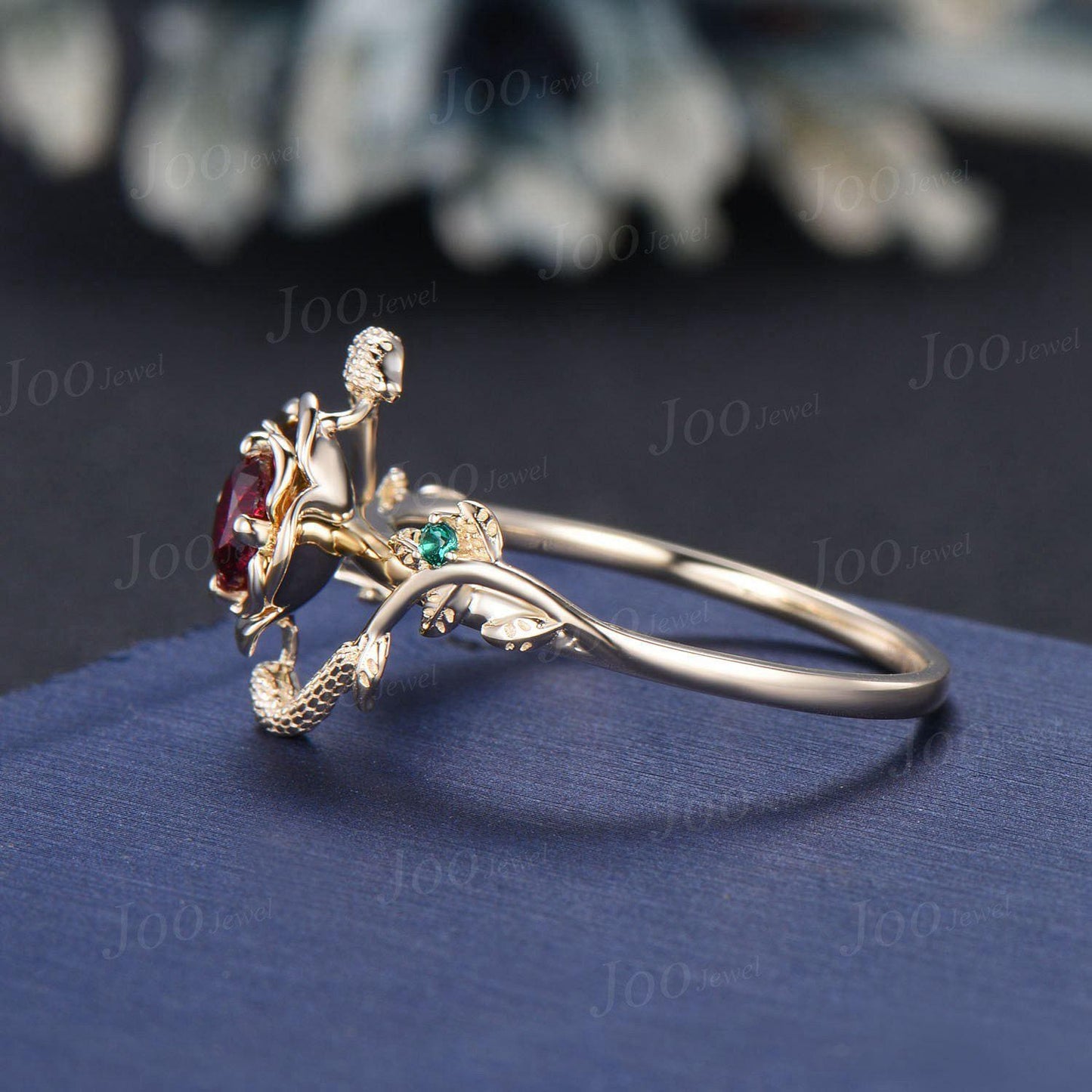 Unique Gothic Snake Engagement Ring Vintage 14K Yellow Gold Floral Ruby Jewelry Nature Inspired Red Ruby Wedding Ring Bypass Gemstone Ring