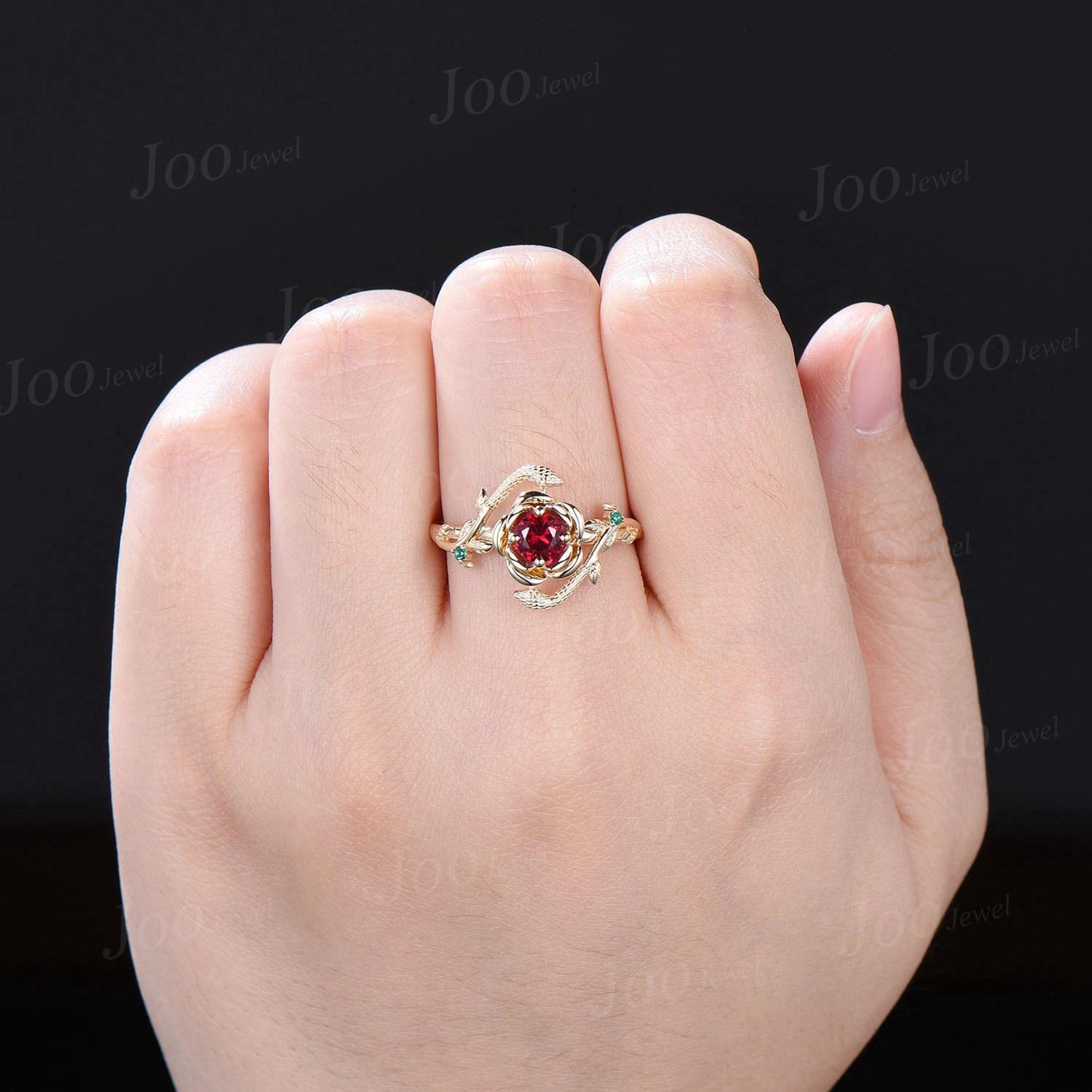 Unique Gothic Snake Engagement Ring Vintage 14K Yellow Gold Floral Ruby Jewelry Nature Inspired Red Ruby Wedding Ring Bypass Gemstone Ring
