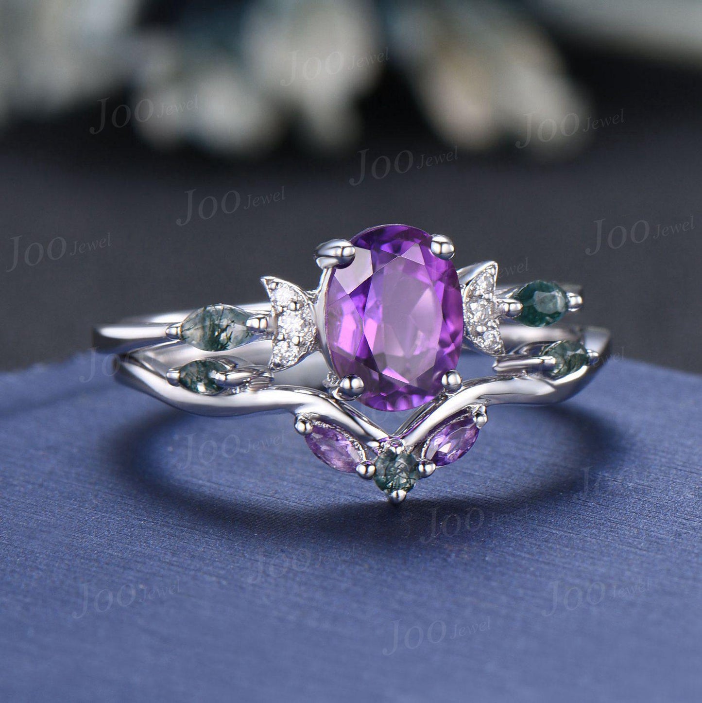 Oval Cut Natural Amethyst Moss Agate Bridal Ring February Birthstone Jewelry 1.5ct Crescent Moon Purple Crystal Wedding Ring