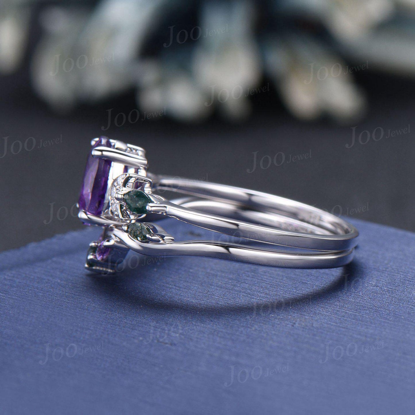 Oval Cut Natural Amethyst Moss Agate Bridal Ring February Birthstone Jewelry 1.5ct Crescent Moon Purple Crystal Wedding Ring