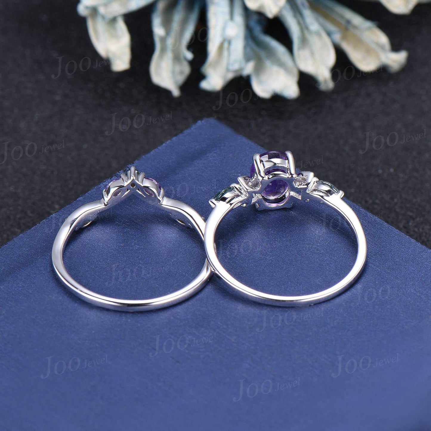 Oval Cut Natural Amethyst Moss Agate Bridal Ring February Birthstone Jewelry 1.5ct Crescent Moon Purple Crystal Wedding Ring