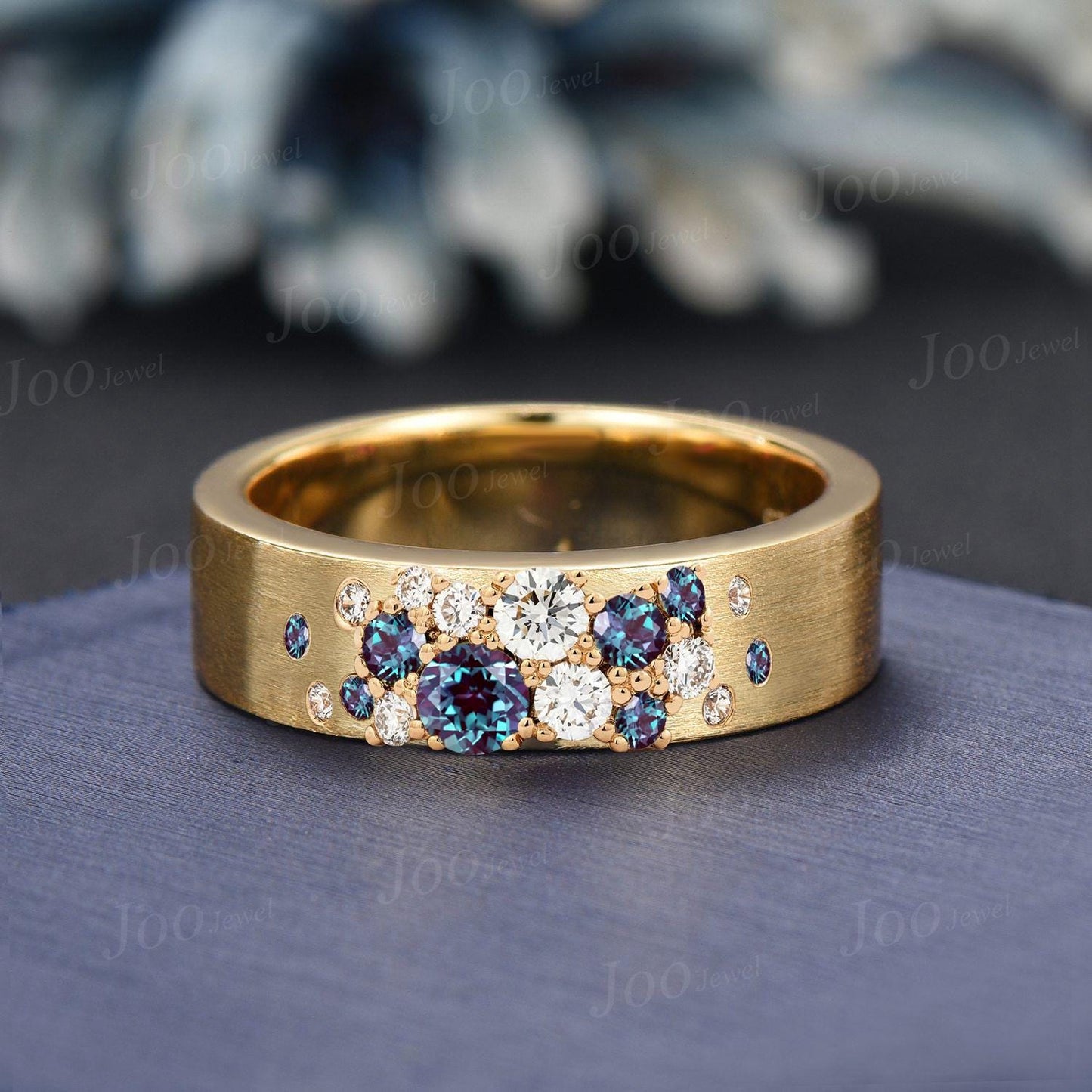 Sterling Silver Color-Change Alexandrite Moissanite Band Ring for Fiance Women Snowdrift Ring Gothic 6MM Brushed Finish Men Engagement Ring