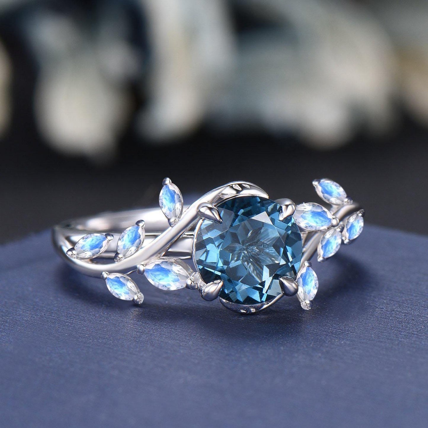 1ct Natural London Blue Topaz Moonstone Ring Vintage Sterling Silver Round Topaz Leaf Cluster Engagement Ring December Birthstone Gift Women