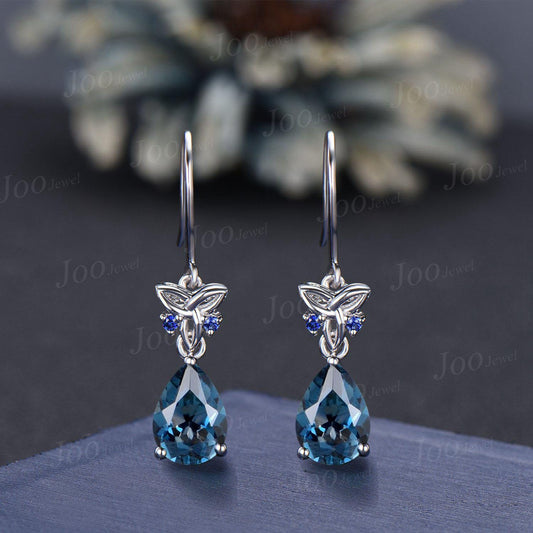 Celtic Trinity Knot Natural London Blue Topaz Hook Earring Silver Pear Topaz Sapphire Drop Earrings No Fading Gemstone Dangle Earrings Women