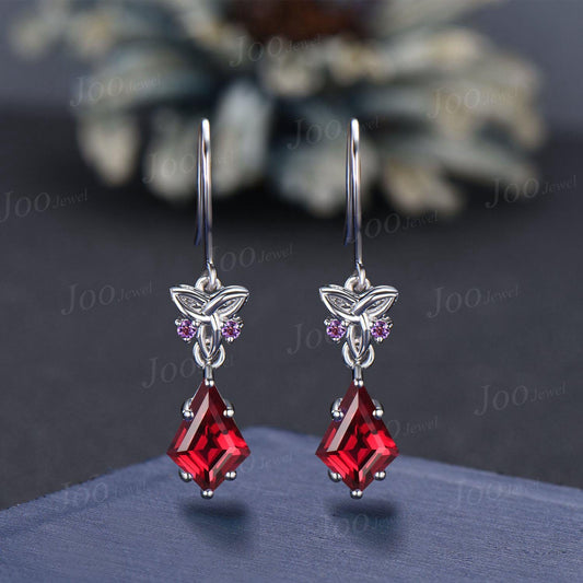 Celtic Trinity Knot Red Ruby Drop Earrings 1ct Kite Cut Natural Amethyst Ruby Earrings 18K White Gold Crystal Hook Dangle Earrings for Women