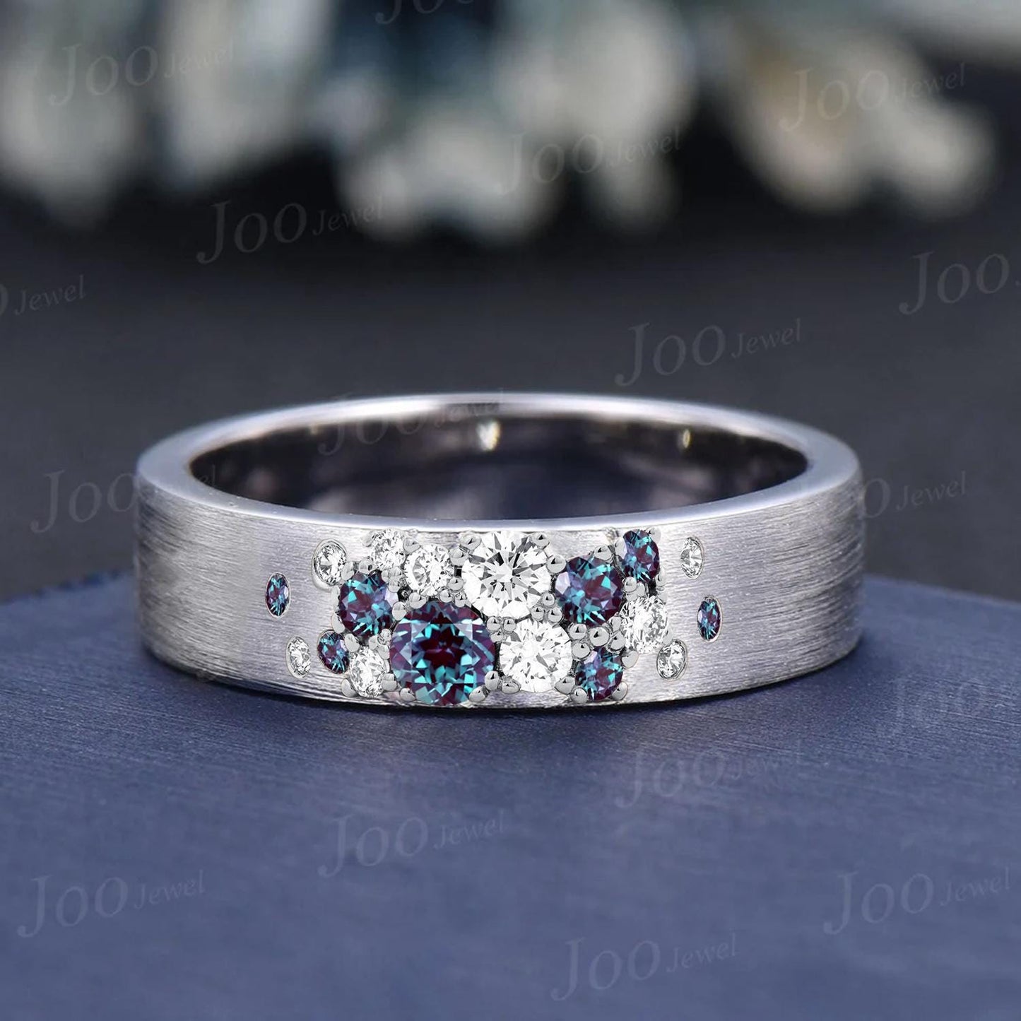 Sterling Silver Color-Change Alexandrite Moissanite Band Ring for Fiance Women Snowdrift Ring Gothic 6MM Brushed Finish Men Engagement Ring