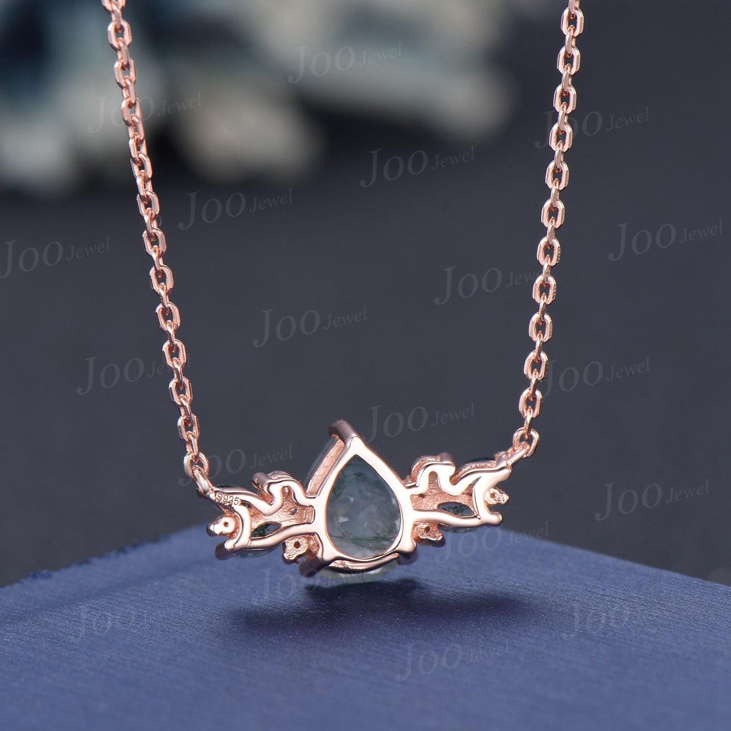 1.25ct Natural Pear Moss Agate Necklace 14K Rose Gold Green Gemstone Necklace Vintage Cluster Marquise Moss Agate Moissanite Chain Pendants