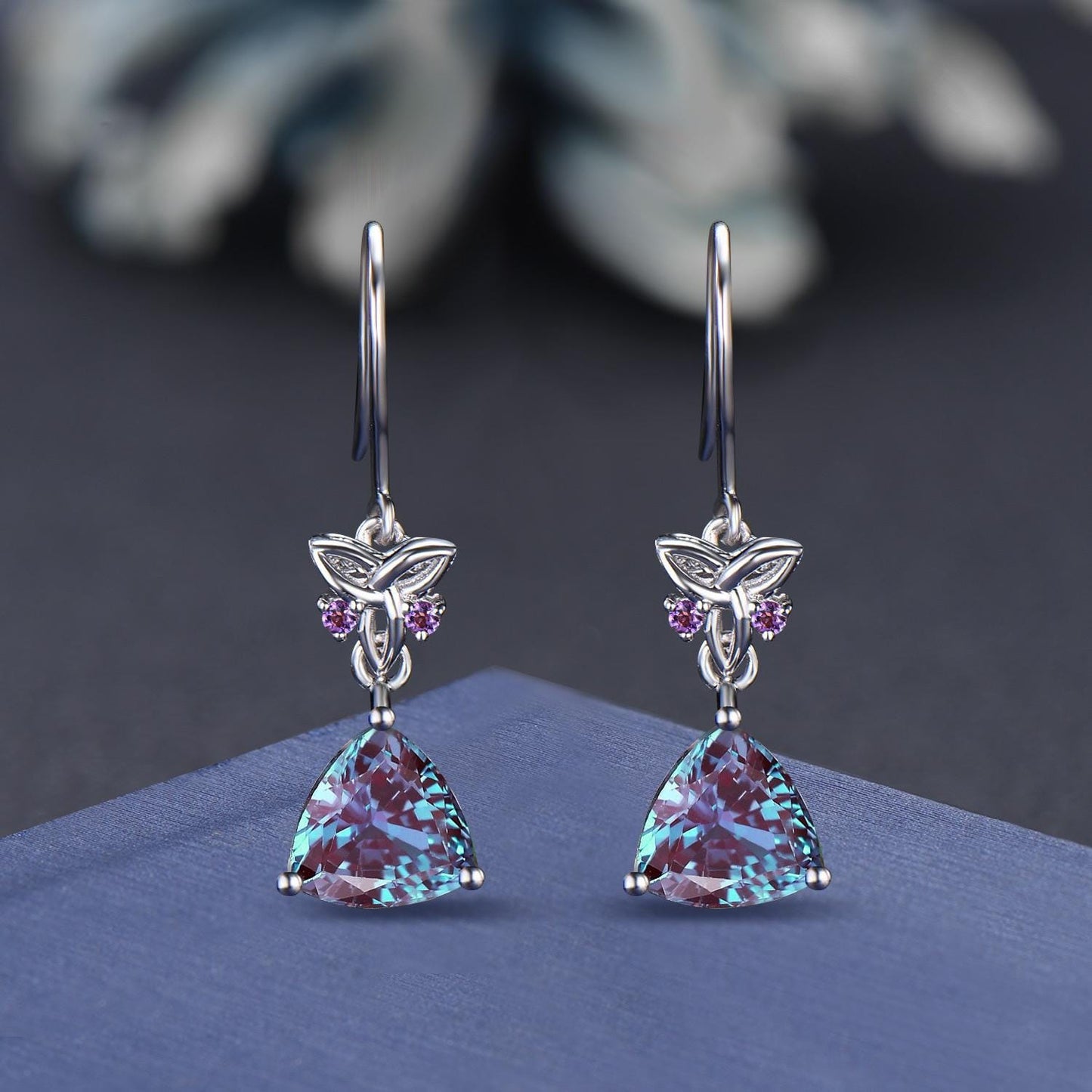 Celtic Trinity Knot Color-Change Alexandrite Hook Drop Earrings Kite Alexandrite Amethyst Earrings Silver Gemstone Dangle Earrings for Women
