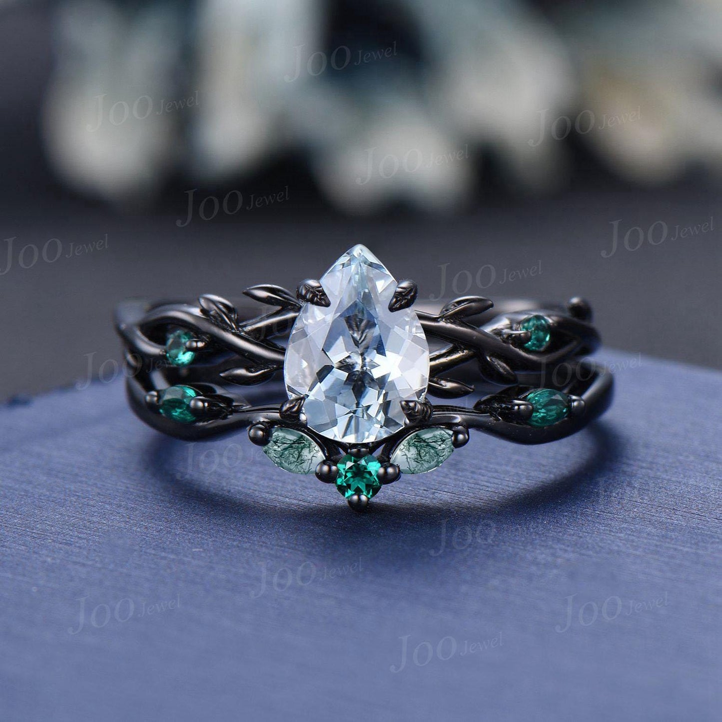 Black Gold Genuine Ocean Aquamarine Engagement Ring Twig Vine Green Emerald Moss Wedding Band Unique Pear Cut Aquamarine Bridal Set Women