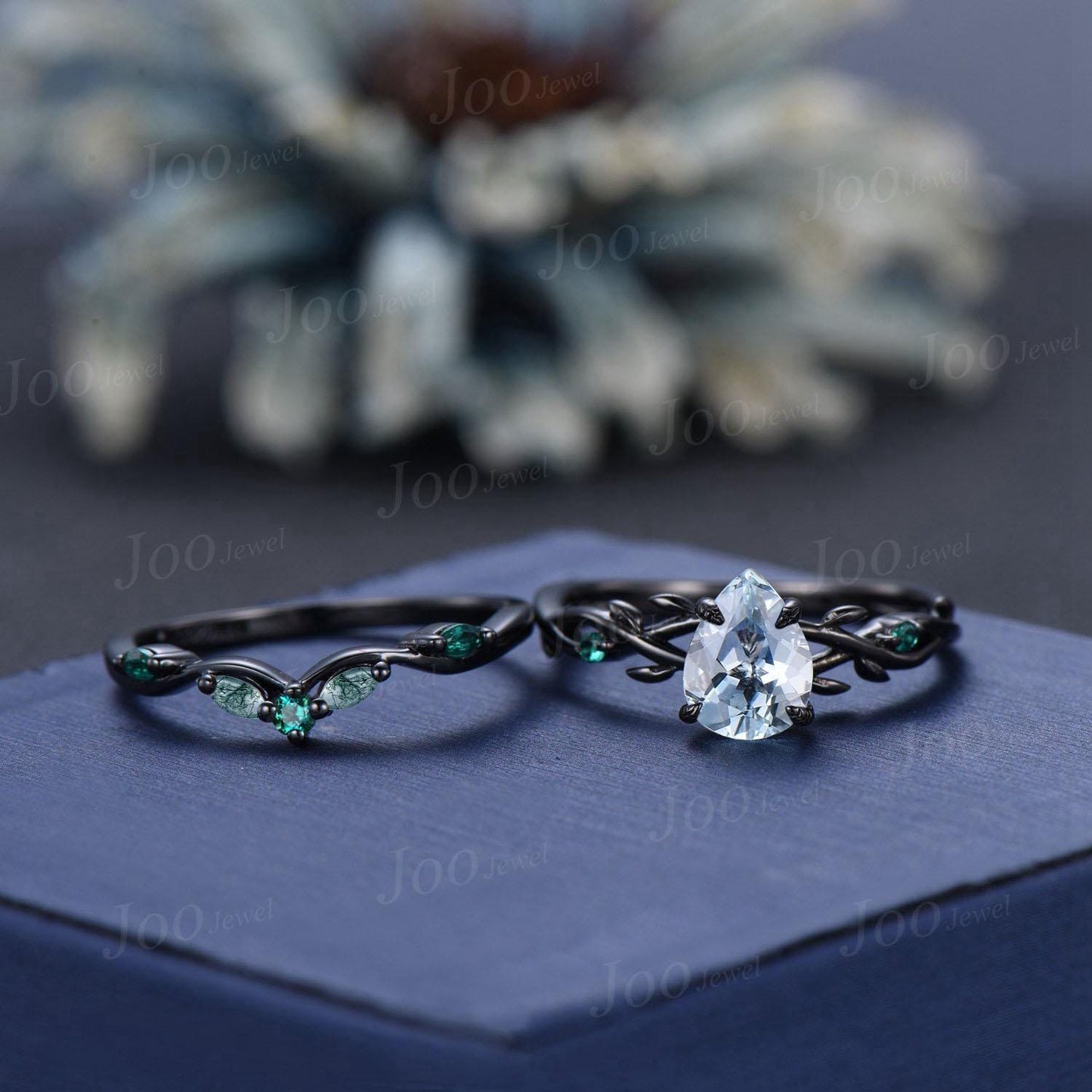 Black Gold Genuine Ocean Aquamarine Engagement Ring Twig Vine Green Emerald Moss Wedding Band Unique Pear Cut Aquamarine Bridal Set Women