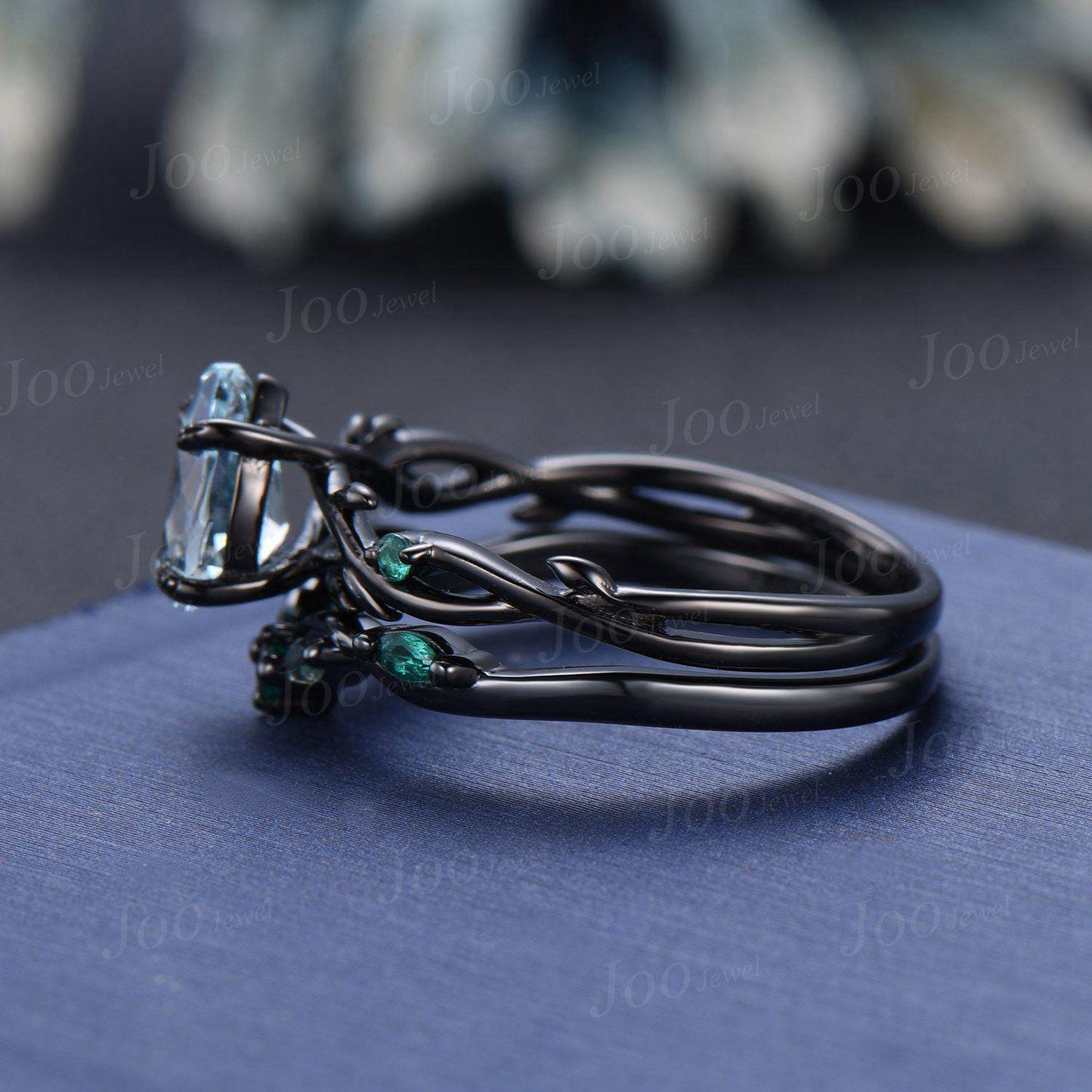 Black Gold Genuine Ocean Aquamarine Engagement Ring Twig Vine Green Emerald Moss Wedding Band Unique Pear Cut Aquamarine Bridal Set Women