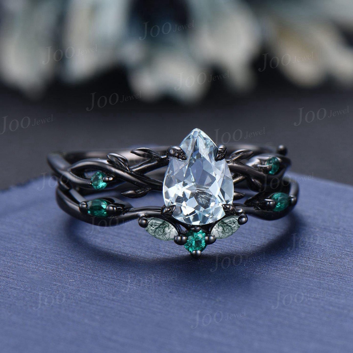 Black Gold Genuine Ocean Aquamarine Engagement Ring Twig Vine Green Emerald Moss Wedding Band Unique Pear Cut Aquamarine Bridal Set Women