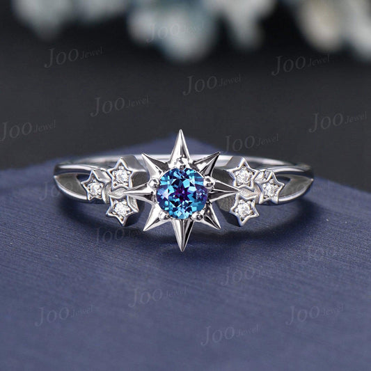 Sun Star Engagement Ring Round Cut Color-Changed Alexandrite Wedding Ring Sterling Silver Split Shank Band Cluster Moissanite Promise Ring