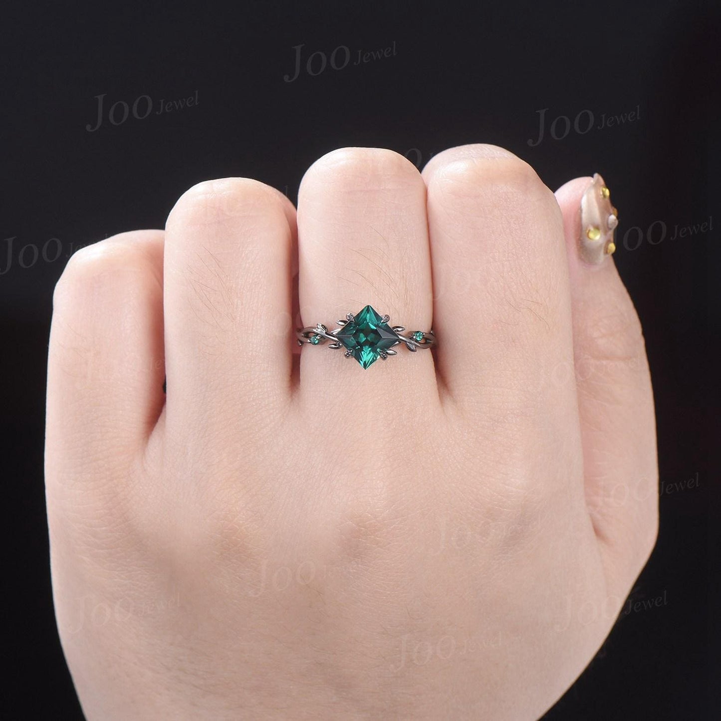 Twig Vine Green Emerald Bridal Set Antique 10K Black Gold Wedding Ring 2 carat Princess Cut Engagement Ring Set Unique May Birthstone Gifts