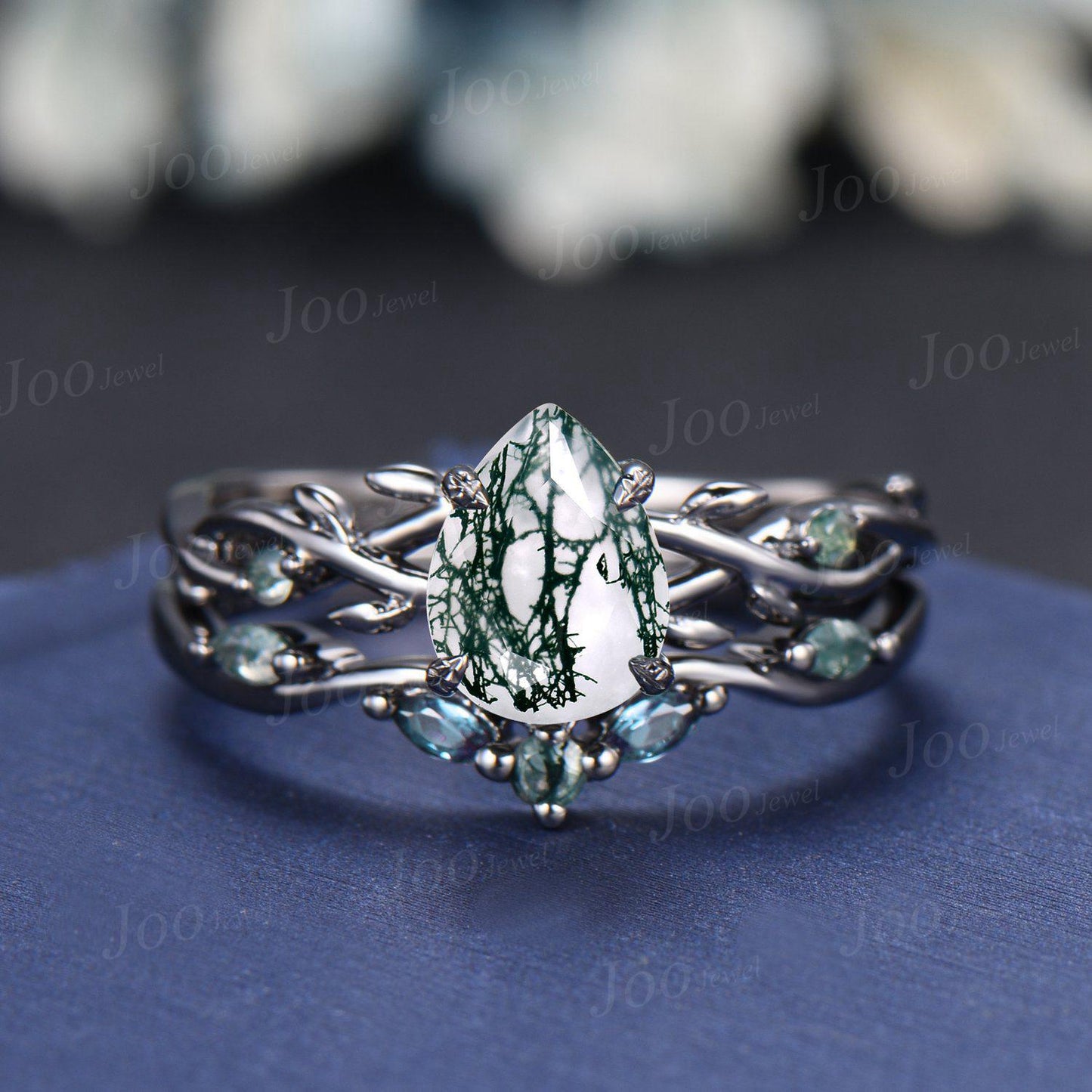 Teardrop Cut Genuine Green Moss Agate Alexandrite Bridal Set 1.25ct Twig Vine Branch Moss Agate Wedding Ring Gothic Black Engagement Rings