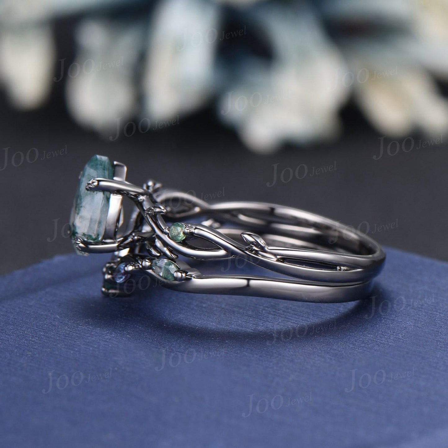 Teardrop Cut Genuine Green Moss Agate Alexandrite Bridal Set 1.25ct Twig Vine Branch Moss Agate Wedding Ring Gothic Black Engagement Rings