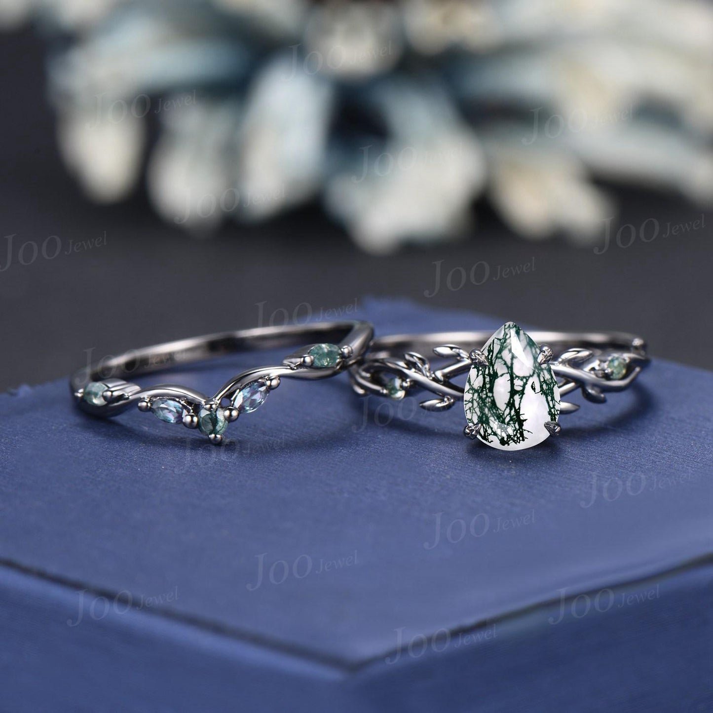 Teardrop Cut Genuine Green Moss Agate Alexandrite Bridal Set 1.25ct Twig Vine Branch Moss Agate Wedding Ring Gothic Black Engagement Rings