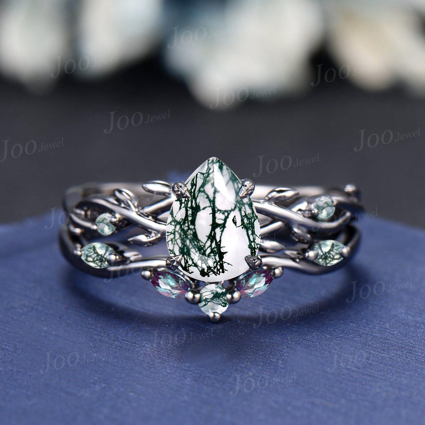 Teardrop Cut Genuine Green Moss Agate Alexandrite Bridal Set 1.25ct Twig Vine Branch Moss Agate Wedding Ring Gothic Black Engagement Rings
