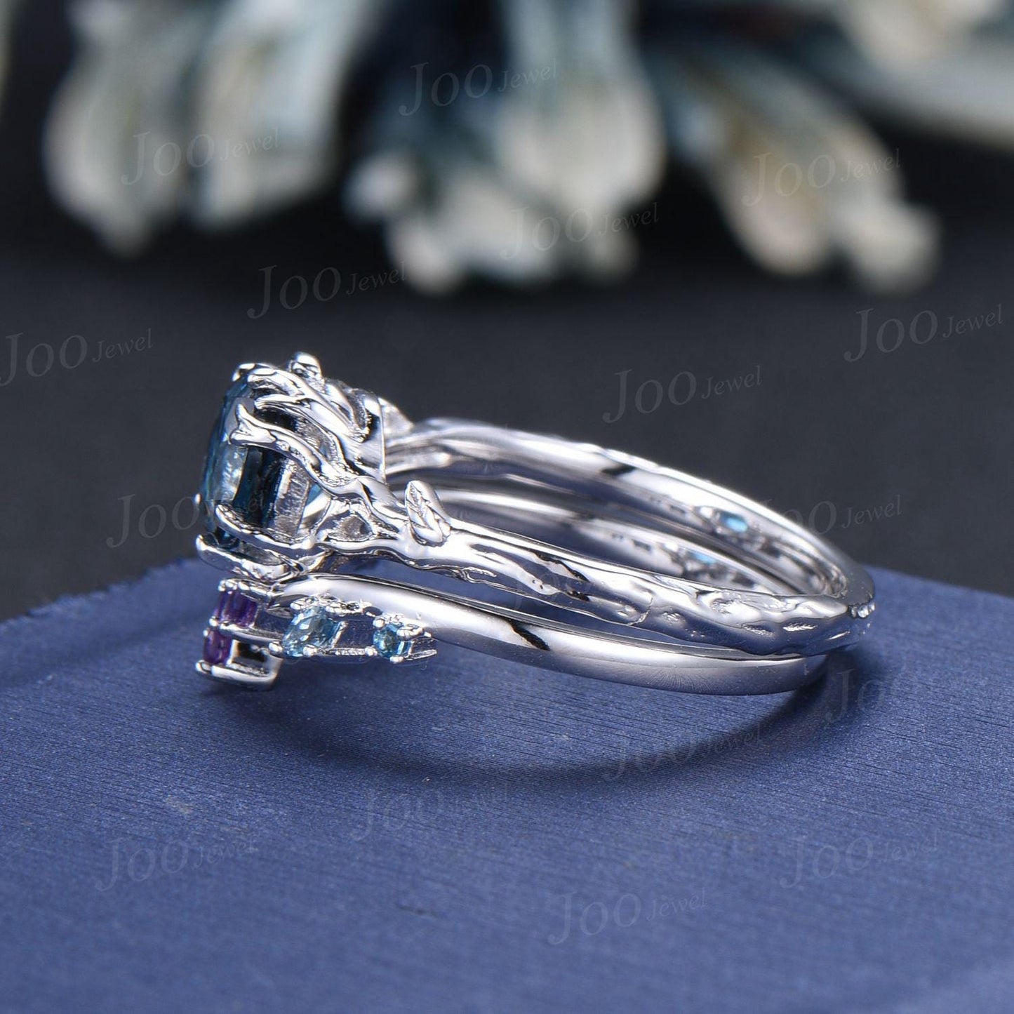 Tree Bark Twig Vine Genuine London Blue Topaz Solitaire Wedding Ring Set Sterling Silver Nature Themed Round Topaz Amethyst Bridal Set Women