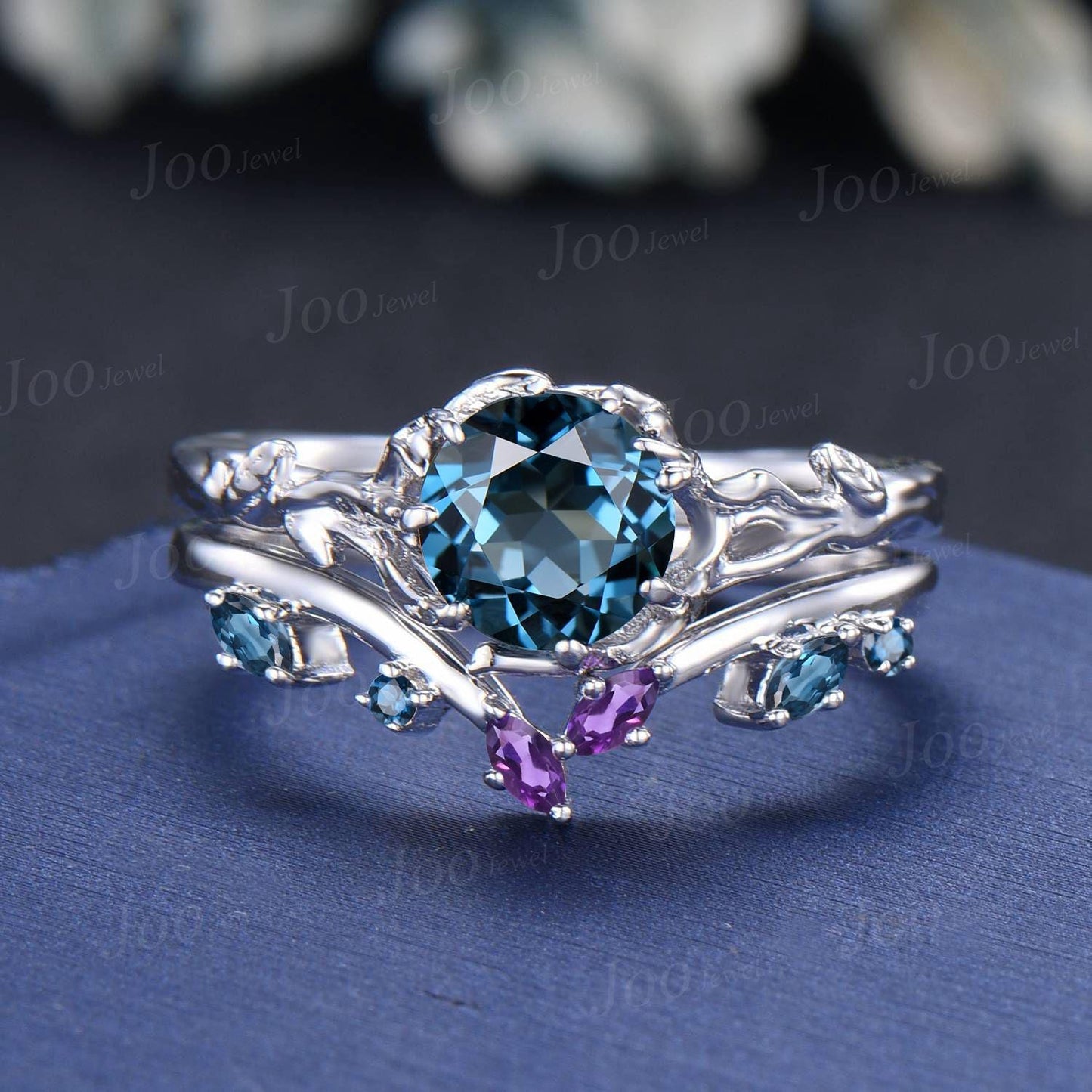 Tree Bark Twig Vine Genuine London Blue Topaz Solitaire Wedding Ring Set Sterling Silver Nature Themed Round Topaz Amethyst Bridal Set Women