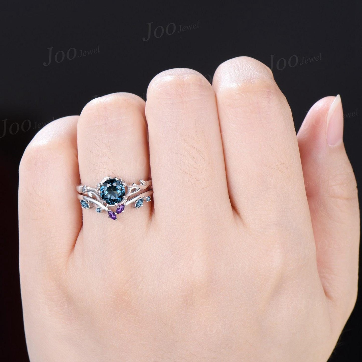Tree Bark Twig Vine Genuine London Blue Topaz Solitaire Wedding Ring Set Sterling Silver Nature Themed Round Topaz Amethyst Bridal Set Women