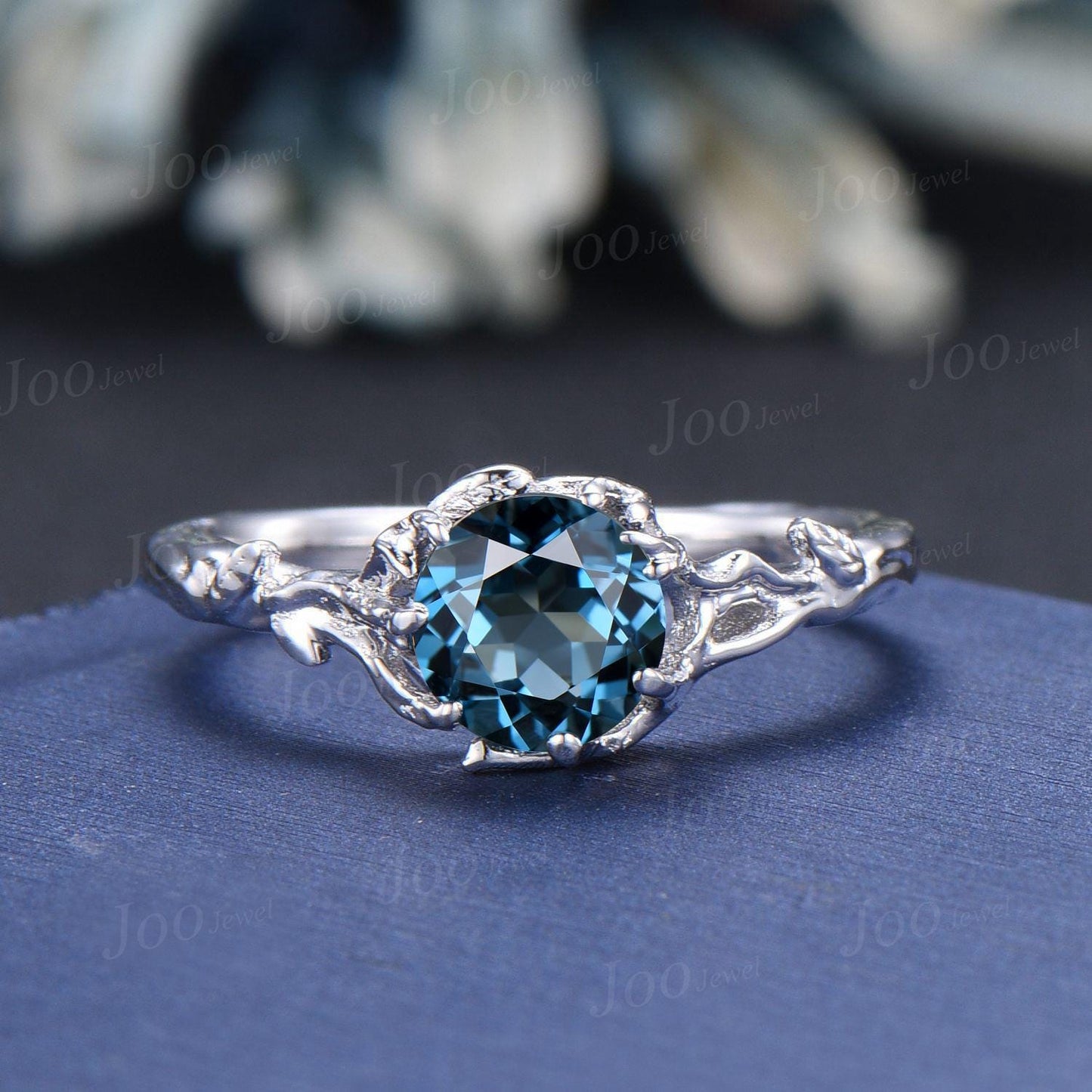 Tree Bark Twig Vine Genuine London Blue Topaz Solitaire Wedding Ring Set Sterling Silver Nature Themed Round Topaz Amethyst Bridal Set Women