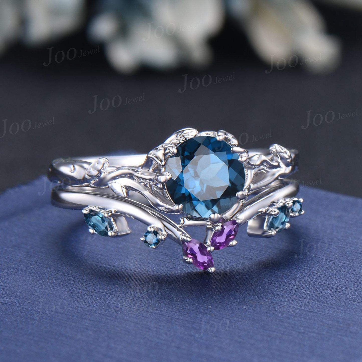 Tree Bark Twig Vine Genuine London Blue Topaz Solitaire Wedding Ring Set Sterling Silver Nature Themed Round Topaz Amethyst Bridal Set Women