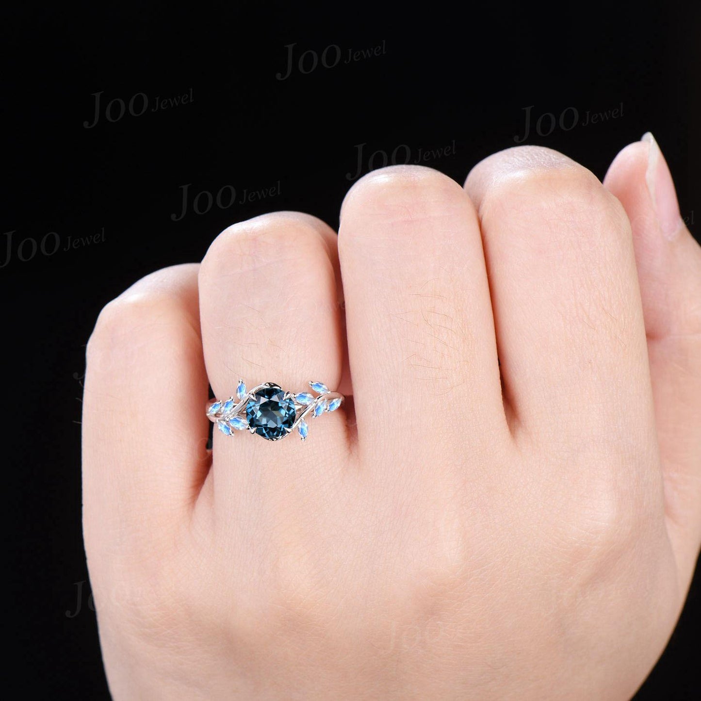 Kite Cut Natural London Blue Topaz Moonstone Wedding Ring Vintage Sterling Silver Cluster Engagement Ring December Birthstone Gift for Women