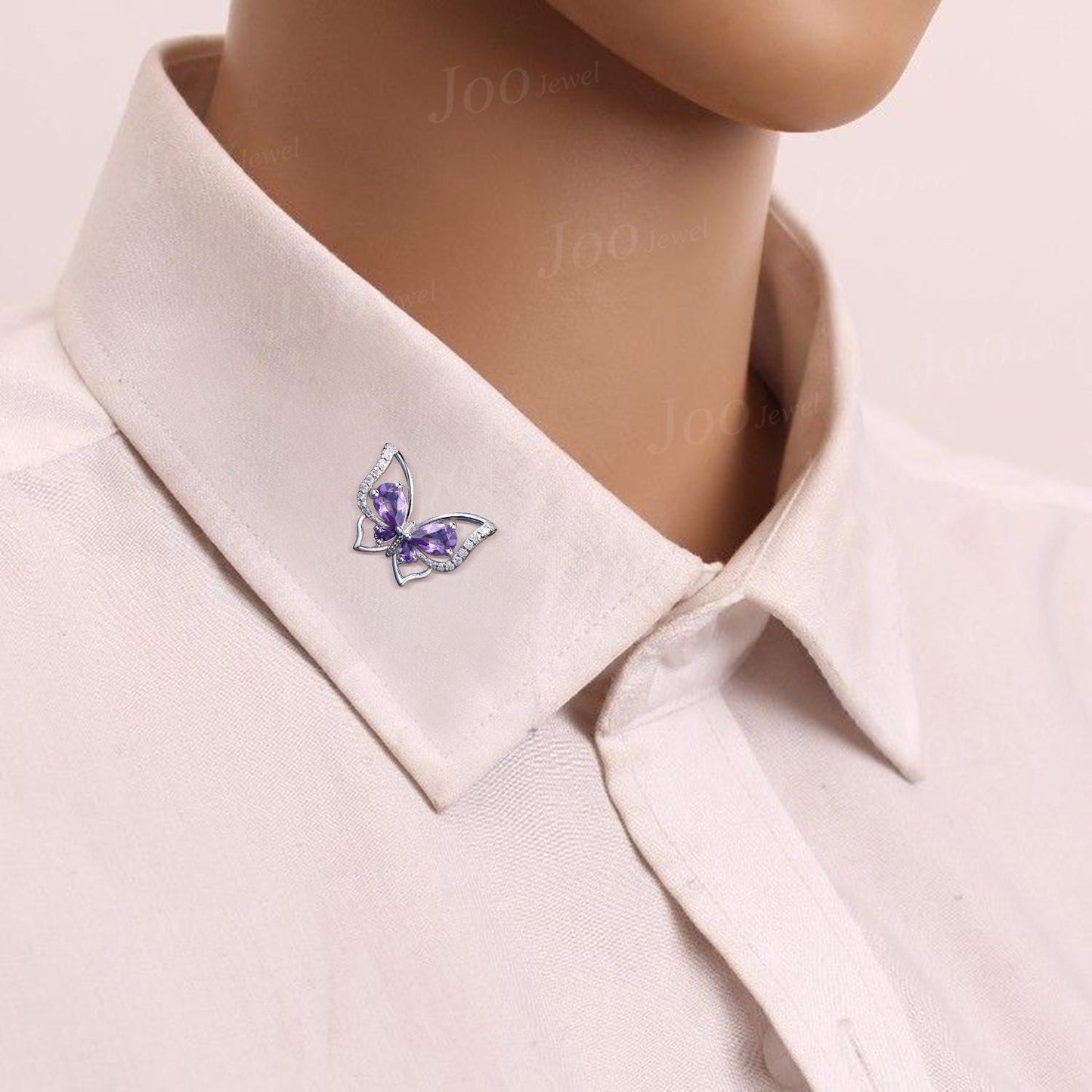 Natural Pear Amethyst Brooch Butterfly Animal Pins Sterling Silver Purple Crystal Brooches for Lady Women Dress Shirt Bag Personalized Gifts