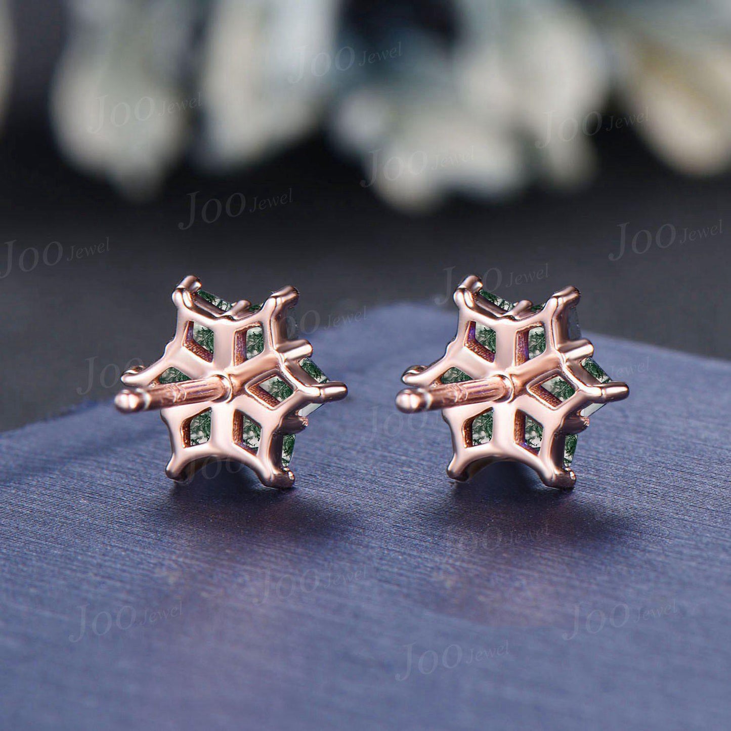 Moss Agate Stud Earrings Vintage Sterling Silver Snowflake Earrings Kite Cut Natural Green Gemstone Earrings for Women Christmas Earrings