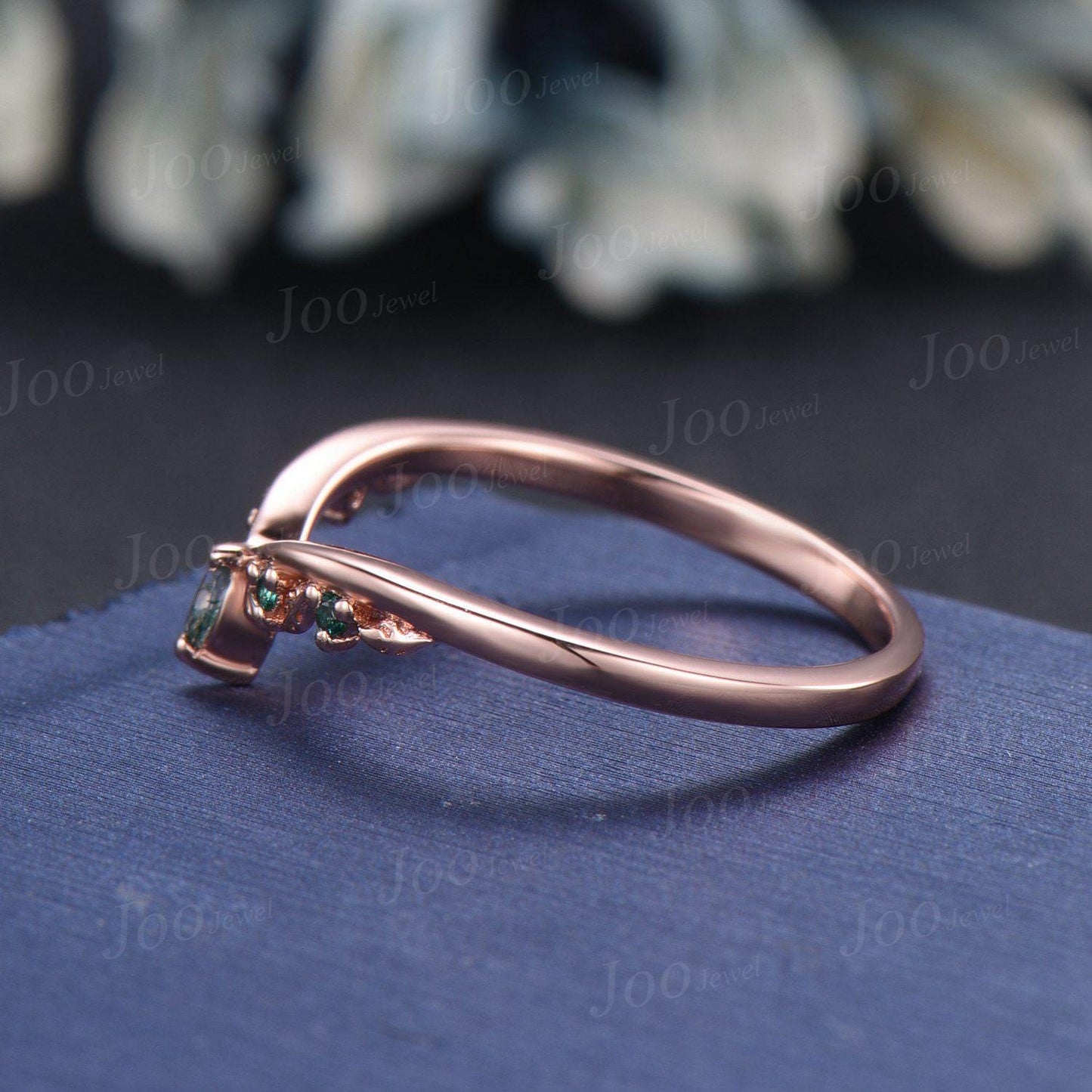 Nature Inspired Leaf Moss Agate Emerald Curved Wedding Band 14K Rose Gold Art Deco Vintage Twig Vine Matching Band Promise Rings for Women