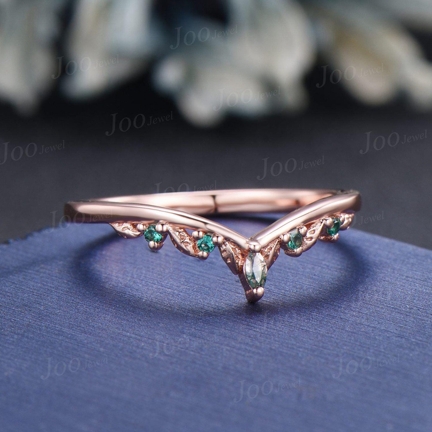Nature Inspired Leaf Moss Agate Emerald Curved Wedding Band 14K Rose Gold Art Deco Vintage Twig Vine Matching Band Promise Rings for Women